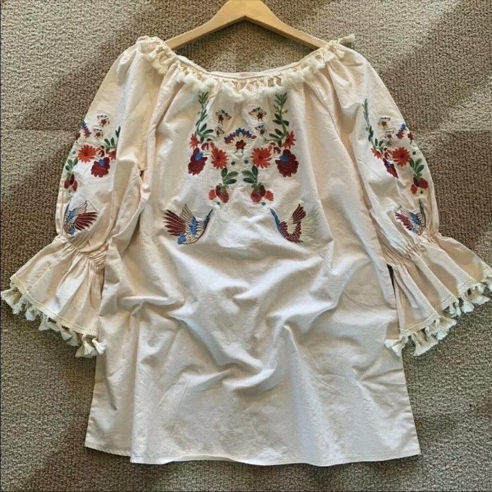 BOHO floral tassel trim dress size S off the shoulder NWOT spring festival - Picture 2 of 7